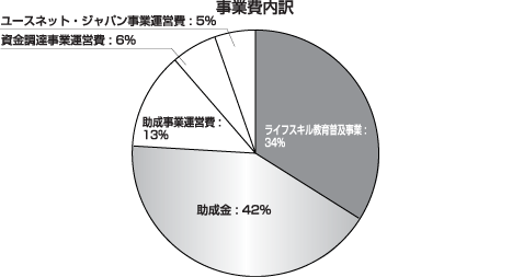 事業費内訳：　ライフスキル教育普及事業：34%、助成金：42%、助成事業運営費：13%、資金調達事業運営費：6%、ユースネット・ジャパン事業運営費：5%